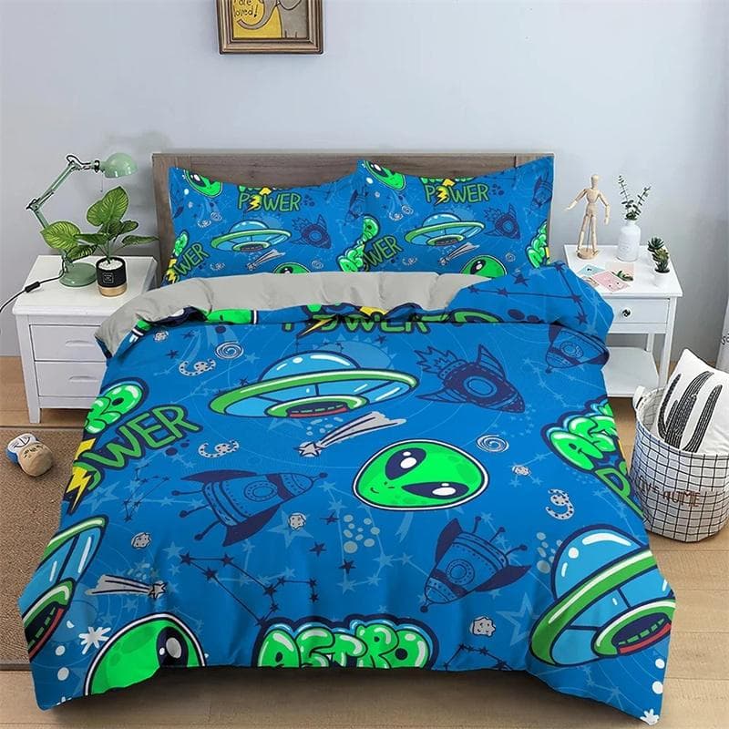 Mysterious UFO Alien Bedding Set,Duvet Cover Comforter Bed Set Quilt Cover Pillowcase,King Queen Twin Size Boys Girls Adults 135x200cm 2pcs