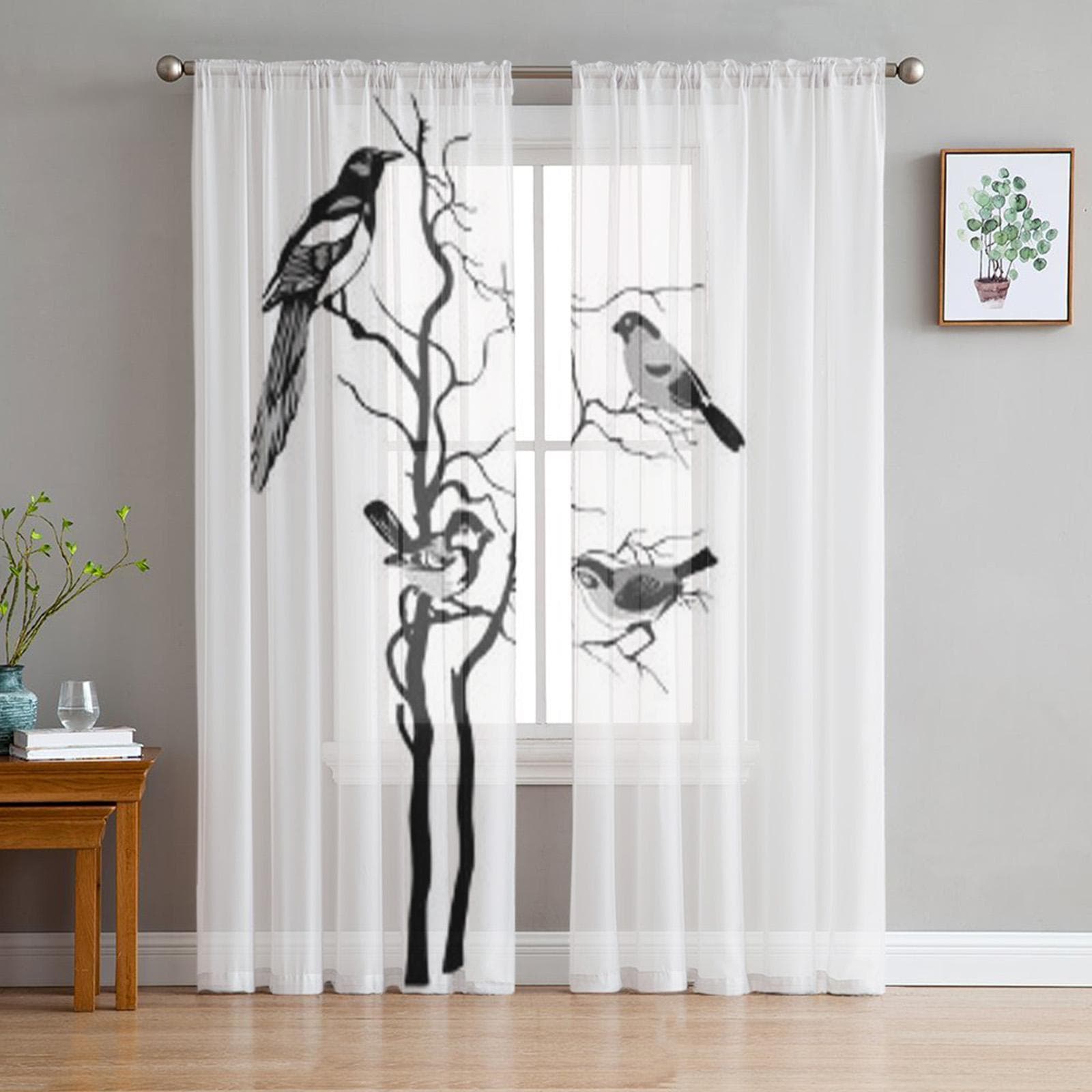 Birds Silhouette On White Tulle Sheer Curtains for Living Room the Room Bedroom Kitchen Decoration Voile Organza Curtains 135W x 114H(cm)