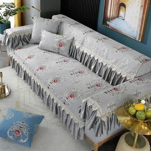 Four Seasons Chenille Armchair Cushion Big Flower Non-slip Cushion Sofa Set Green Color Big Skirt Hem 18cm Lace Sofa Towel 35x70cm 3edge 18cm