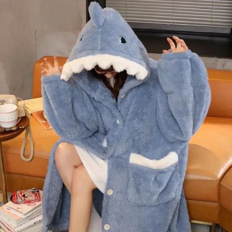 Shark Robe for Women Sleepwear Nightdress Winter Night Wears Warm Fleece Pajama One Piece Nightgown Button Long Sleeve Homewear 2XL blue
