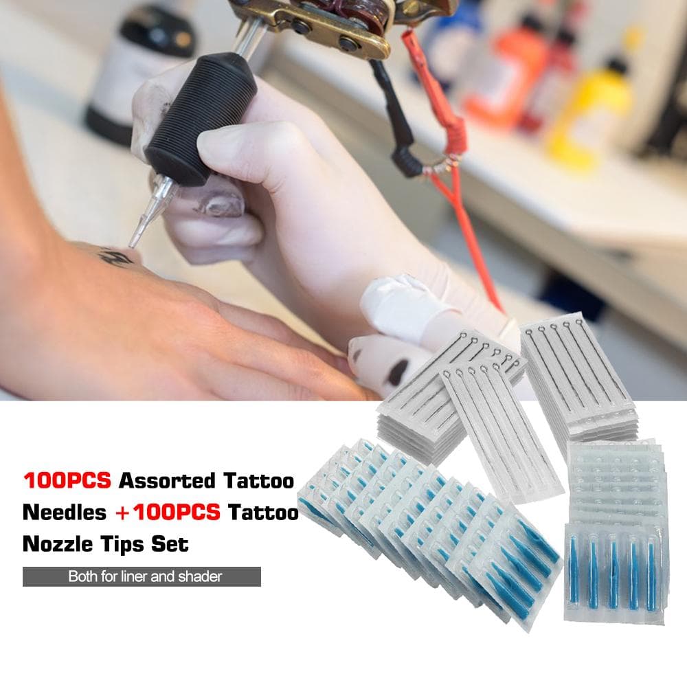 100PCS Assorted Disposable Sterilized Tattoo Needles RL RS Needles +100PCS Plastic Tattoo Nozzle multicolour