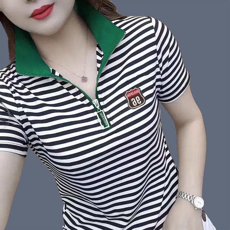 Summer New Half-zipper Short-sleeved T-shirt Women's Top Versatile Lapel Loose Large Size Middle-aged Mother POLO Shirt 5XL
