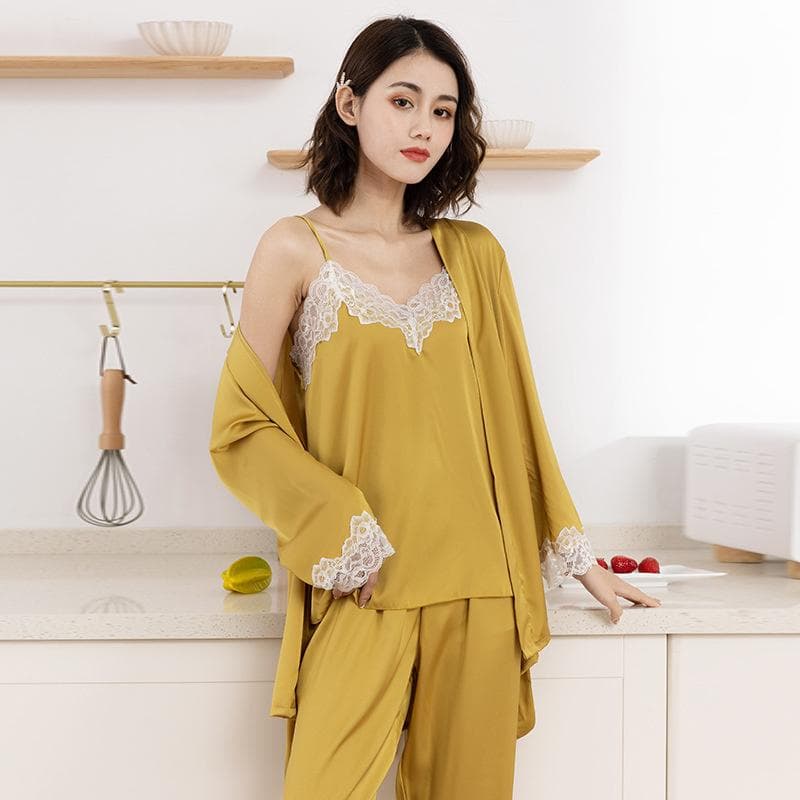 Leopard Printed Satin Ice Silk Pajamas Women's Spring and Summer Thin Suspender Robe Trousers Three Piece Suit Household Clothes XL