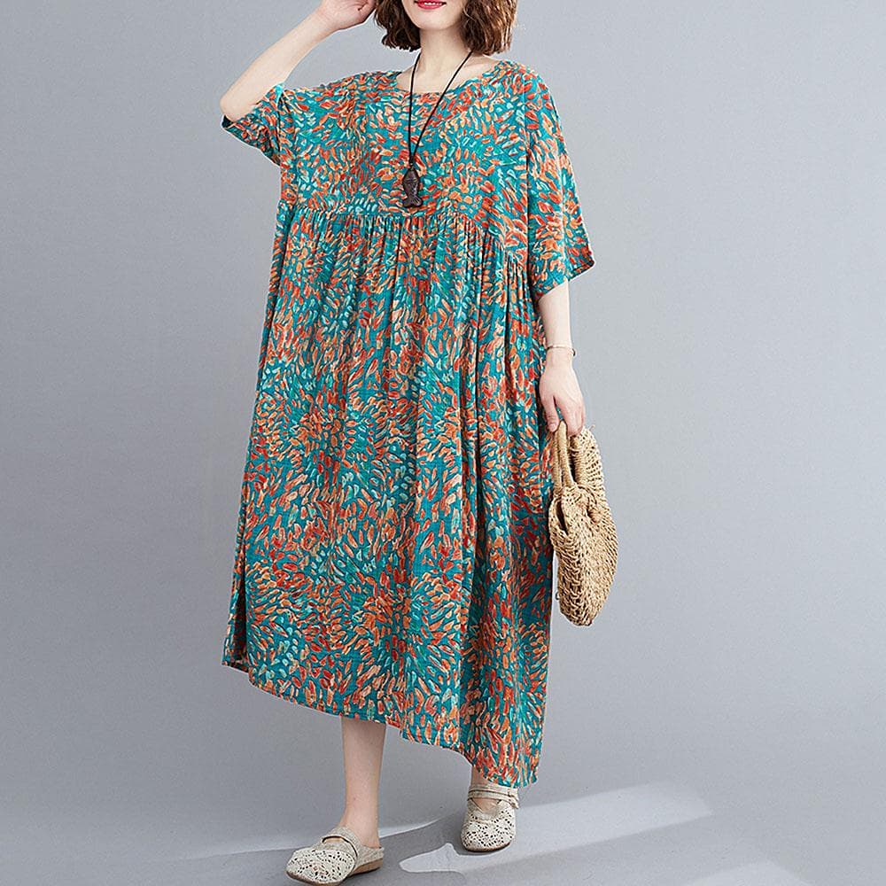 New Fashion Women Cotton Linen Dress Oneck Short Sleeves Pockets Floral Print Pleated Hem Plus One Size