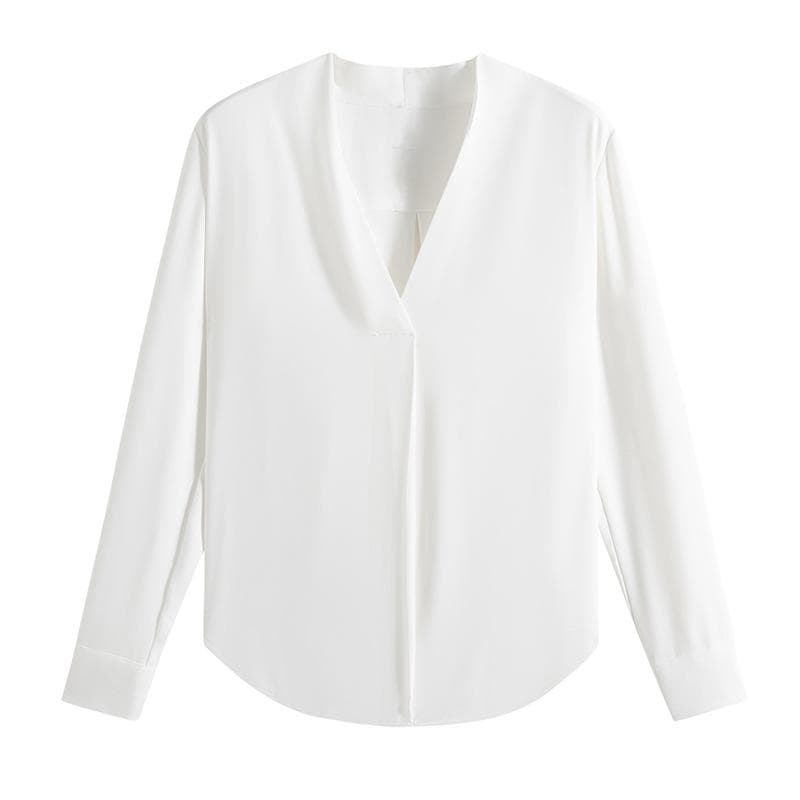 White V-neck Chiffon Shirt Women's Summer Wear Long Sleeved Fashionable Professional French Top 2XL white