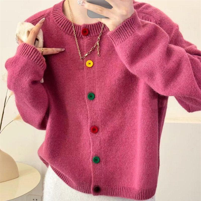 Japanese Sweet and Fresh Round Neck Colorful Button Knitwear Coat Academy Style Western Versatile Sweater Women's Cardigan One Size pink