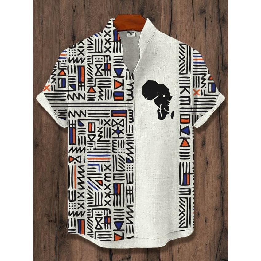 2025 Vintage African Style Men's Retro Ethnic Tribal Short Sleeve Shirts Tops Fashion Casual Vacation Streetwear Men's Shirts M