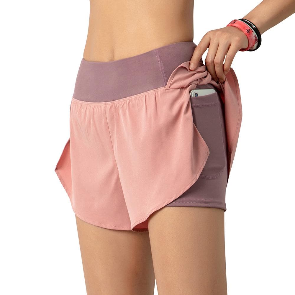 Women Running Shorts 2-in-1 with Pocket Wide Waistband Coverage Layer Compression Liner Lounging S pink