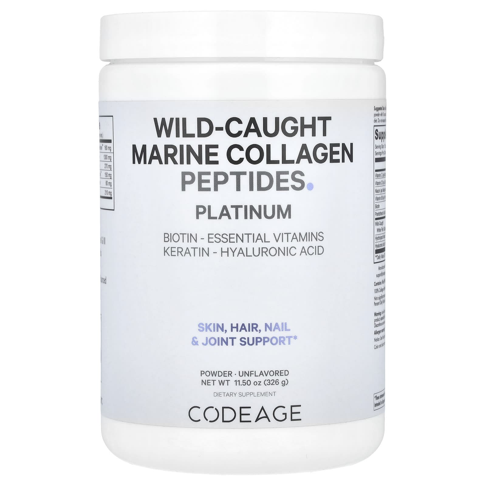 Codeage, Natural Marine Collagen Peptides Powder, Platinum, Unflavored, 11.5 oz (326 g)