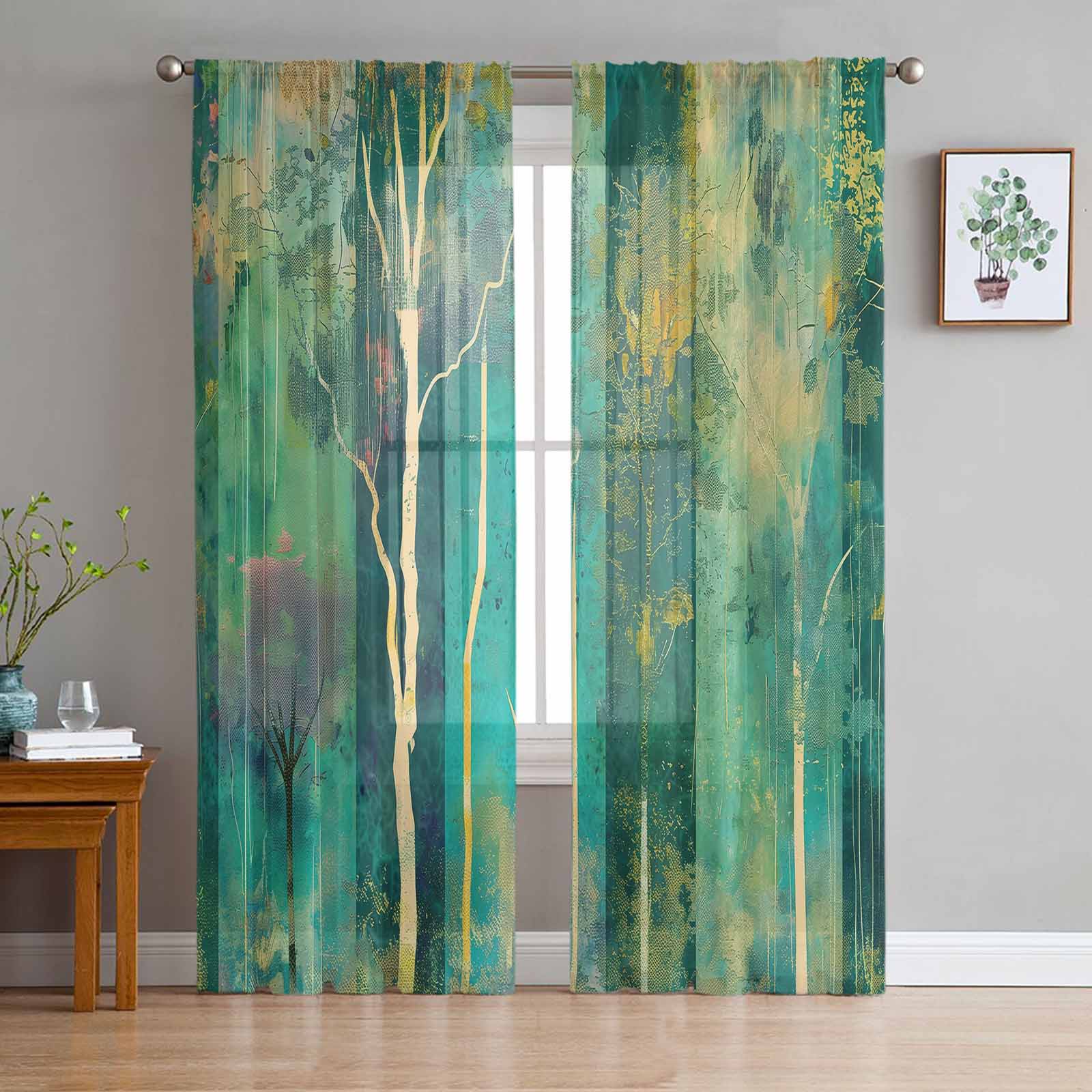 Oil Painting Abstract Tree Sunset Tulle Window Curtains for Bedroom Luxury Home Decor Drapes in Living Room Chiffon Panels 135W x 114H(cm)