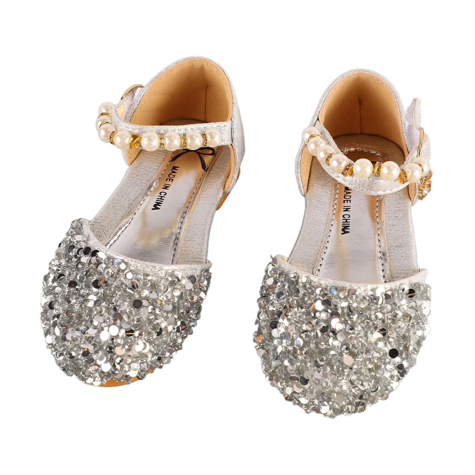 Kid Girl Sequins Faux Pearl Dress Shoes Children Fashionable PU Leather Glitter Flat Shoes for 14cm/5.5in silver