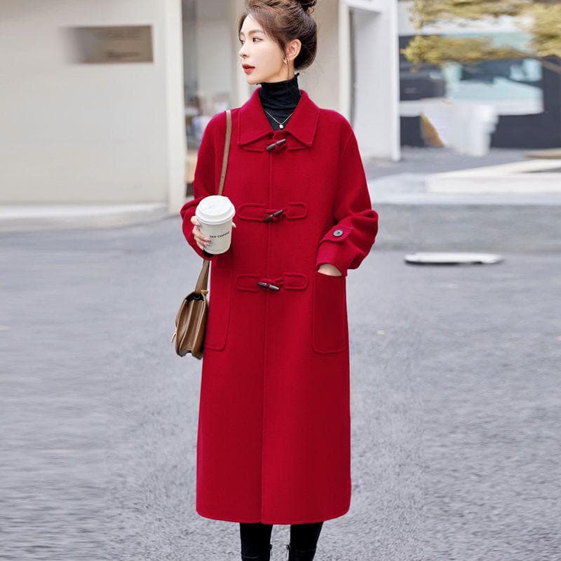 Tweed Coat for Women In Autumn and Winter New Retro Casual Temperament Horn Buckle Mid-length Woolen Jacket 2XL