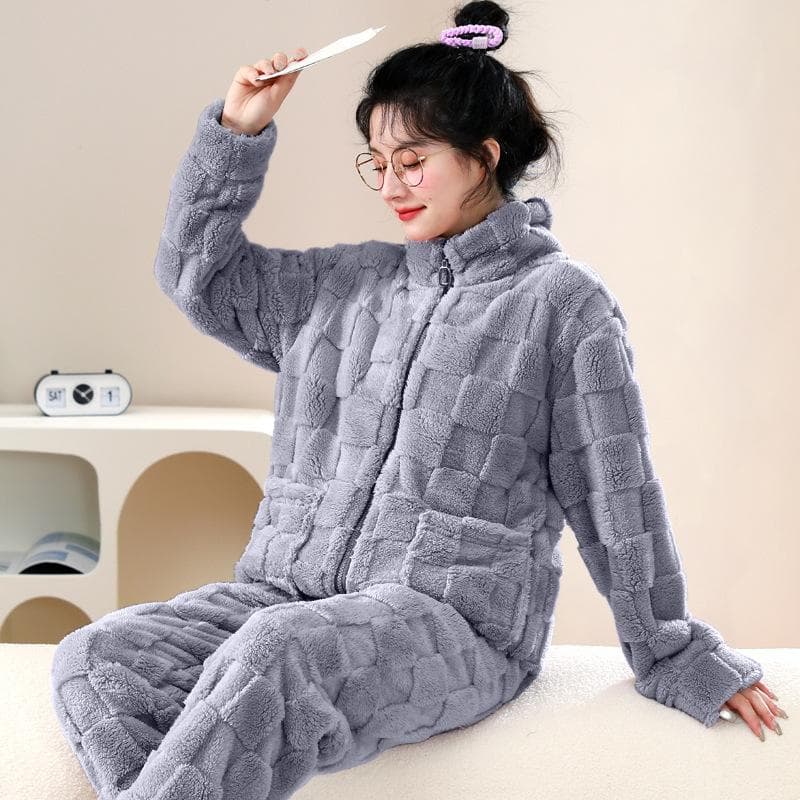 Flannel Thickened Velvet Pajamas Set Winter Long-sleeved Coral Velvet Pajamas for Women Warm Simple Solid Color Home Clothes XL grey