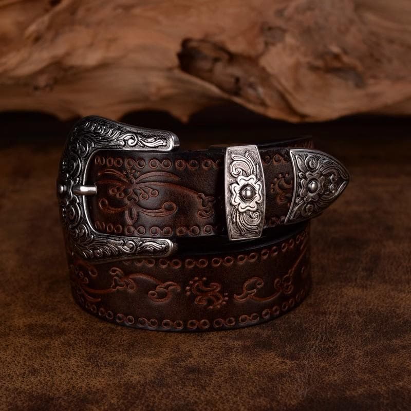 High Quality Court Style Embossed Western Cowboy Steel Buckle Belt Genuine Leather Designer Men Belt Punk Jeans Belts For Men 115cm coffee