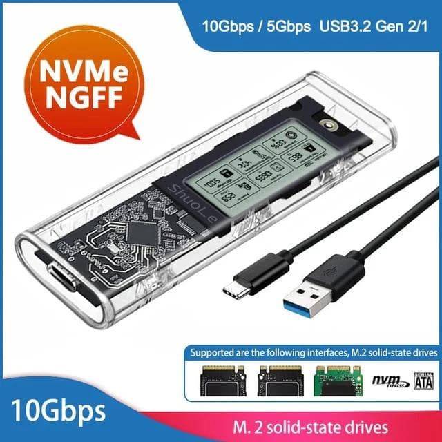 M.2 NVME/NGFF Dual Protocol SSD Enclosure Transparent Hard Drive Case USB3.2 Type C with Intelligent Display SATA SSD Adapter NGFF and NVME