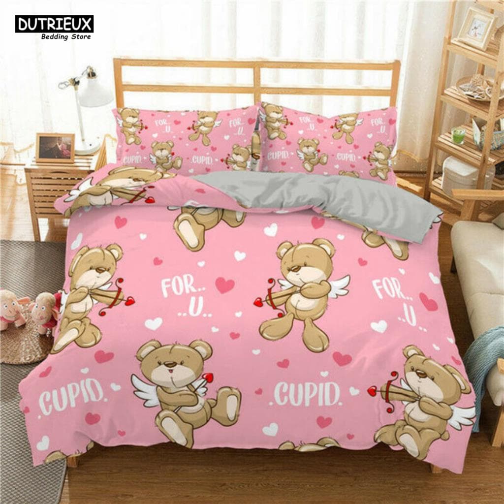 3D Teddy Bear Bedding Set White Polar Bear Bed Linen Teens Women Single Twin Queen King Full Size Duvet Cover 2/3pcs Bedclothes AU King(245x210cm)