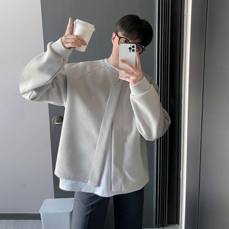 Woolen Jacket Men's Autumn New Korean Style Loose Casual Short Coat Cardigan Top 2XL grey