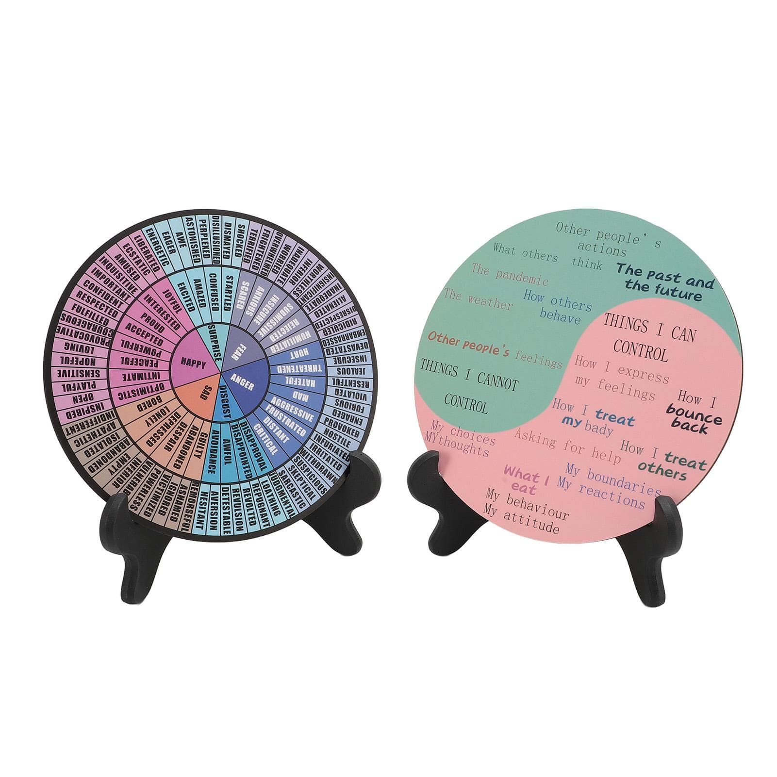 2 Pcs Feelings Wheel Wooden Relaxing Mood Calming Emotion Wheel Chart with Plastic Stand for Mental