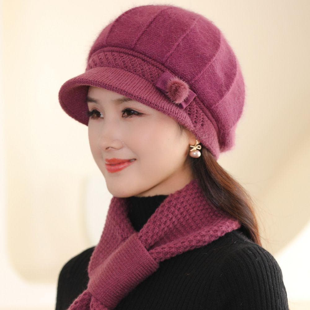 Women's Winter Hat with Warm Woolen Yarn, Cotton Hat Scarf one size rose pink