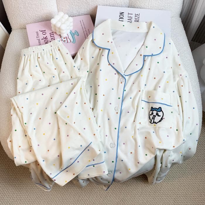 Colorful Polka Dot Cartoon Print Women's Pajamas Korean Style Lazy Breast Silk Pajamas Autumn and Winter New Home Set XXL beige