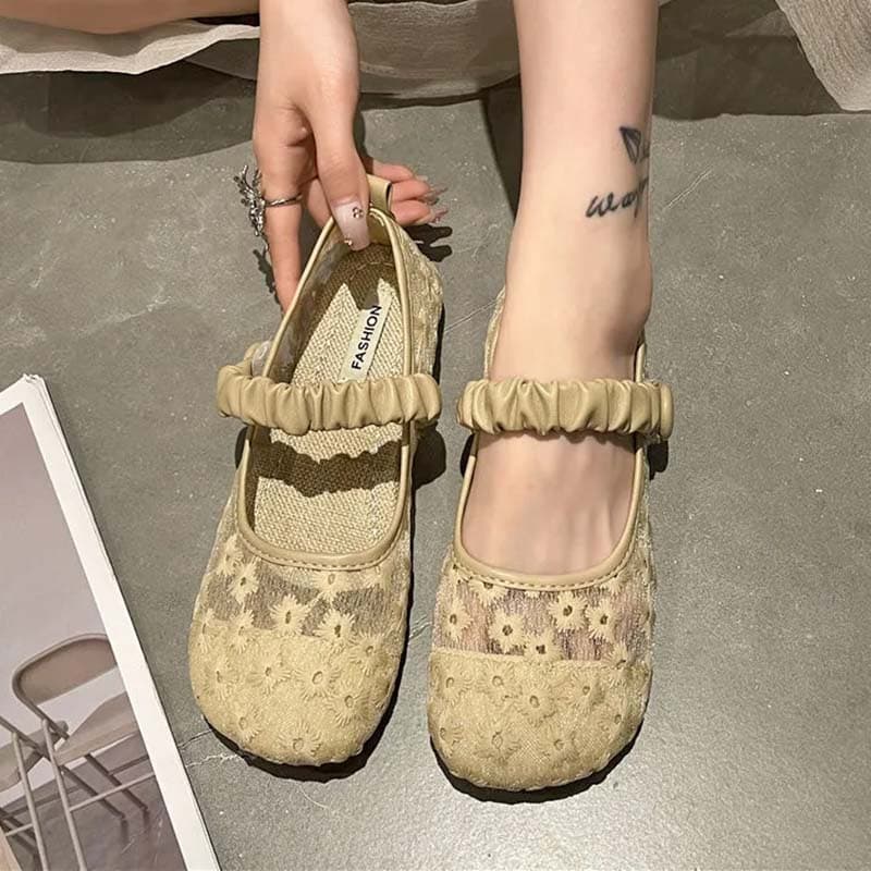Mesh Breathable Women's Cloth Shoes Pattern Embroidery Soft Soled Shoes with Beans Linen Simple Casual Retro Style Spring and Summer 40 khaki