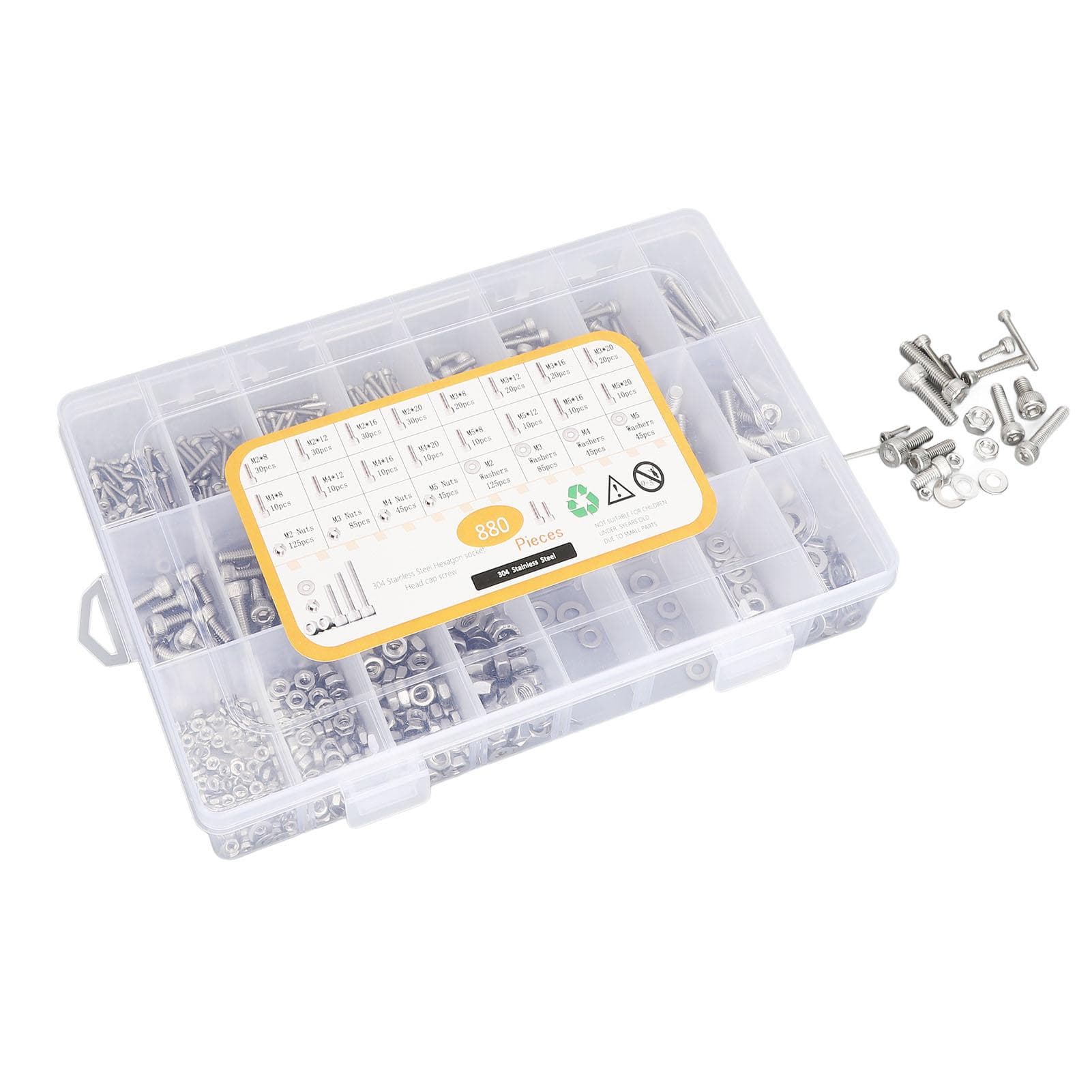 880PCS Stainless Steel Screw Assortment Kit M2 M3 M4 M5 Cylindrical Hex Head Bolts Nuts Flat