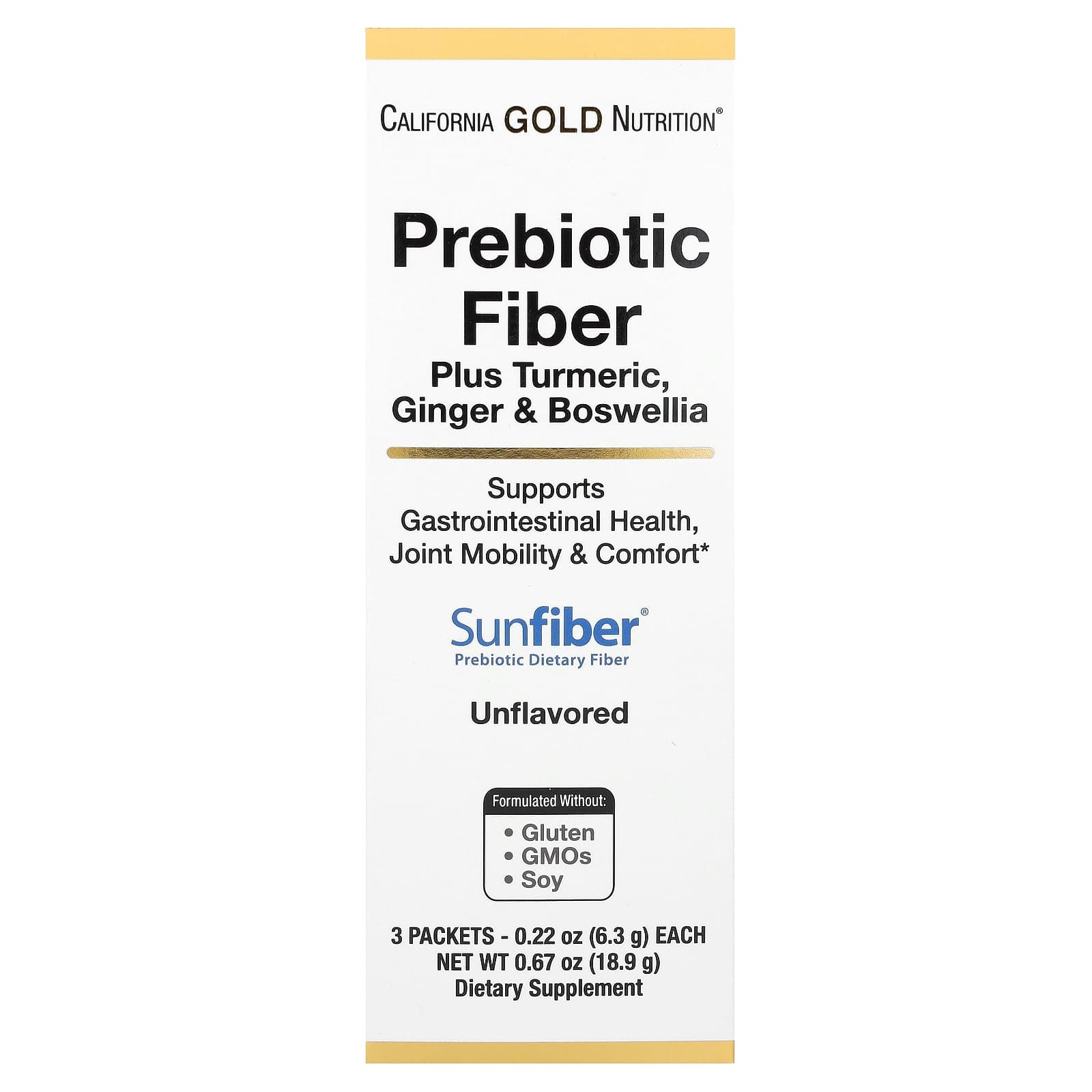 California Gold Nutrition, Prebiotic Fiber with Turmeric, Ginger and Boswellia, 3 Pack, 0.22 oz (6.3 g) Each