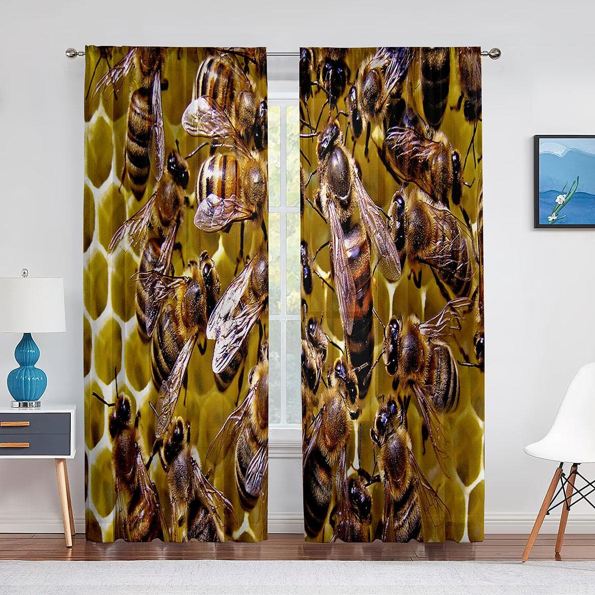 Bees Take Honey Hive Funny Animals Chiffon Sheer Curtains for Living Room Bedroom Home Decoration Window Voiles Tulle Curtain 1 PCS W100XH250cm&Grommet Top