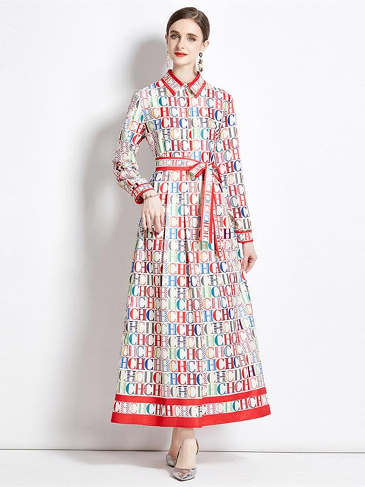 Autumn Fashion Brand Designer Letters Print Red Vintage Maxi Dress Women Long Sleeve Turn Down Collar Belt Lace Up A Line Party Robe XXL