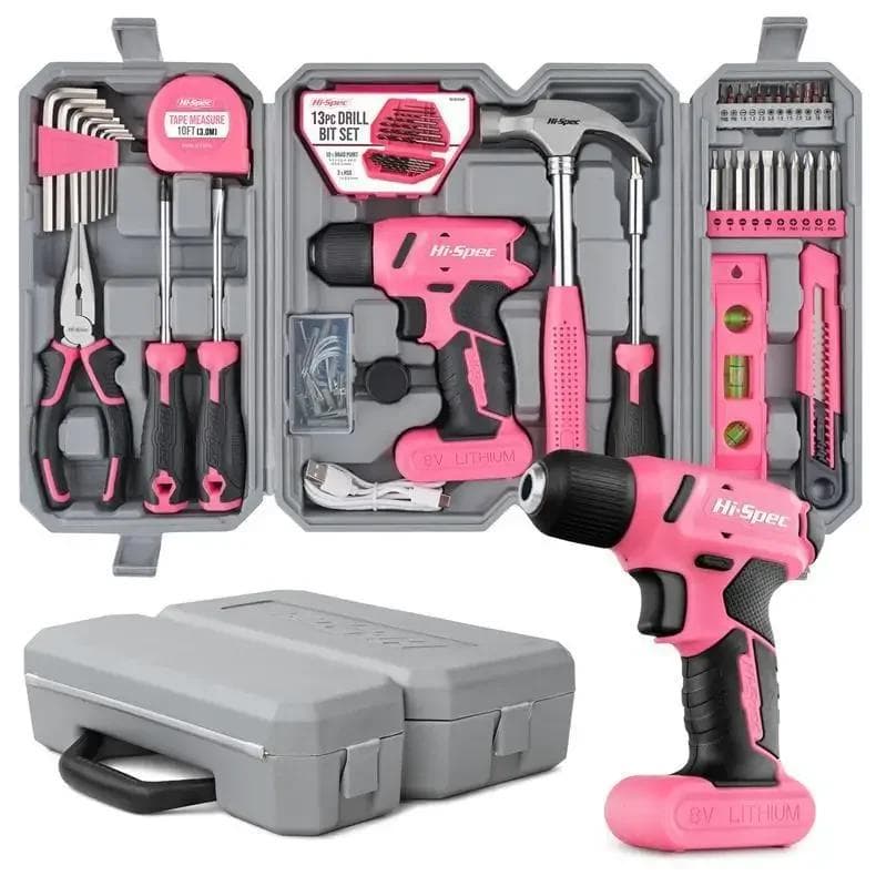 58pcs Pink Toolbox Electric Multifunctional Household Rechargeable Screwdriver Cover Electric Drill 8V Home Repair DIY Tool Set