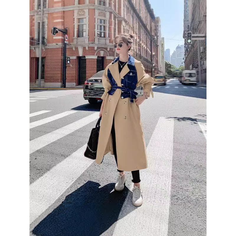 Long Knee Trench Coat Women's Spring and Autumn Design Sense Denim Splicing British Style Casual Fashion Jacket L