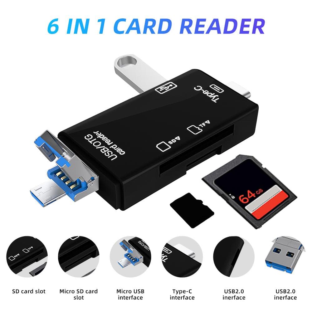6 In 1 Card Reader 5Gbps High-speed Transmission Type C OTG SD TF Card Reader USB 3.0 Micro USB Flash Drive Adapter Plug and Play black