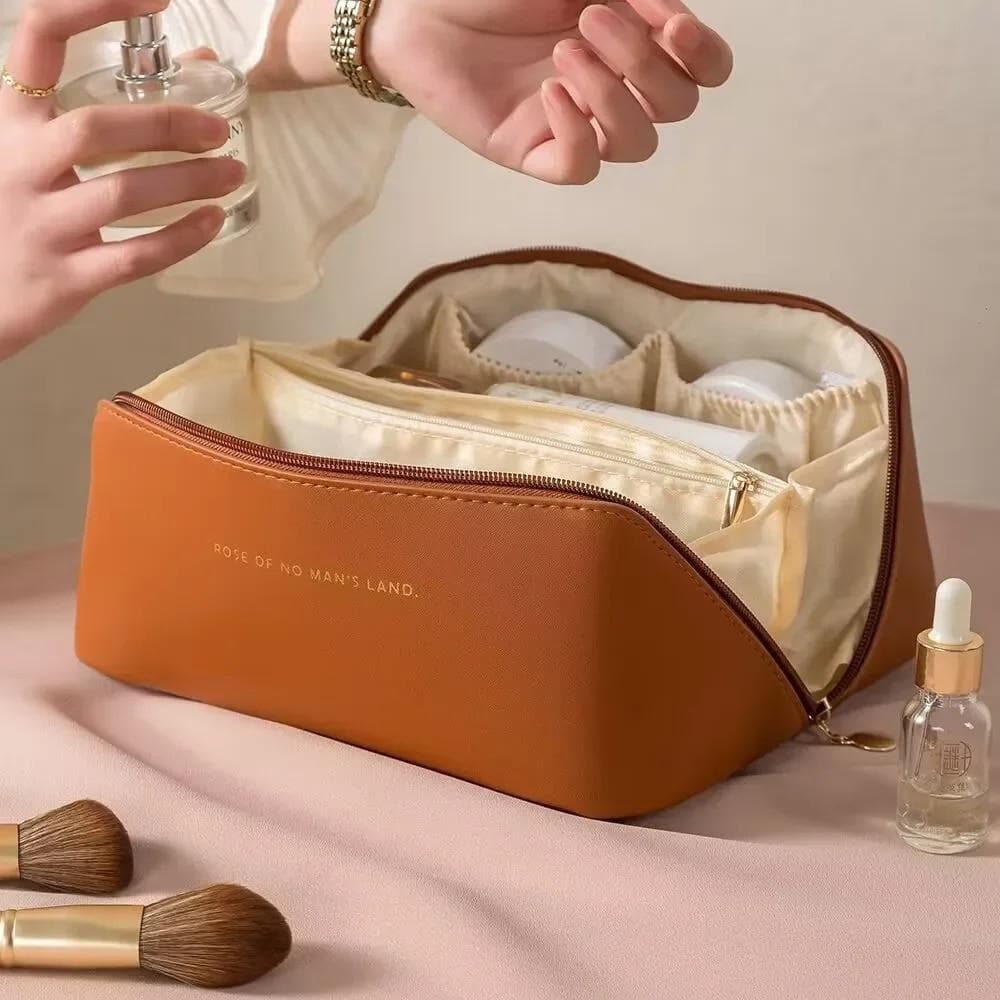 Large Travel Cosmetic Bag for Women Leather Makeup Organizer Female Toiletry Kit Bags Make Up Case Storage Pouch Luxury Lady Box dark brown