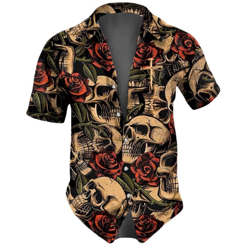 Horror Skulls Print Men's Shirts Summer Hip Hop Style Short Sleeve Lapel Shirts For Men Streetwear Hawaiian Beach Holiday Shirt L