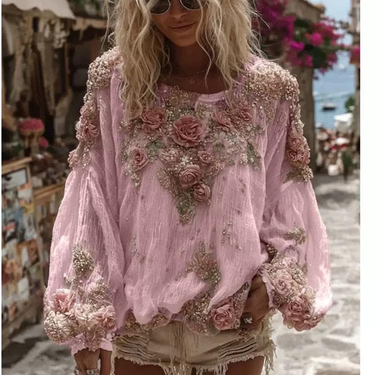 New 3D Printed Retro Bohemian Women's Round Neck Top Large