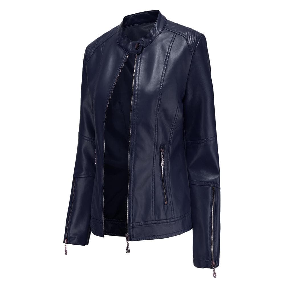 New Fashion Women's Leather Jacket PU Leather Short Coat Stand Collar Jacket Women's Spring and Autumn Thin Leather Jacket Navy Blue Leather Jacket 2XL