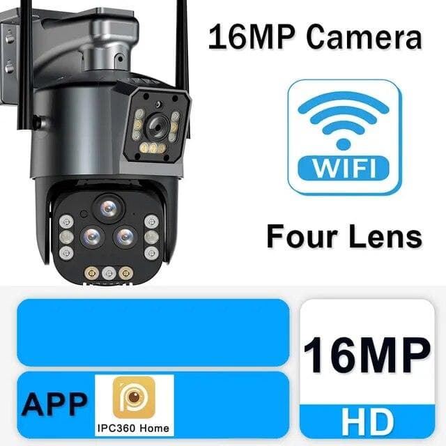 16MP 8K Wifi IP Camera 20X Zoom Four Lens Outdoor Wireless Security Camera PTZ 360 Smart Home Security Protection CCTV Wifi Surveillance Cameras EU Plug