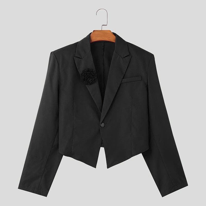 INCERUN Men Lapel Neck Long Sleeve One Button Floral Irregular Blazer Short Coats XL black