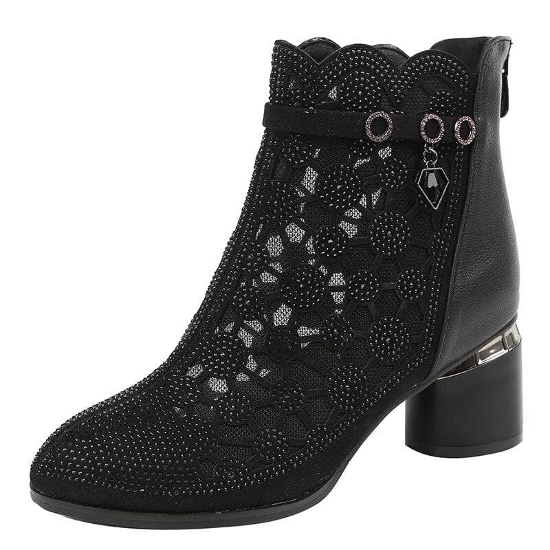 Women's Fashion Rhinestones Gauze Boots Thick Square Ankle Heel Zip Mesh Breathable Shoes Boot 38 black