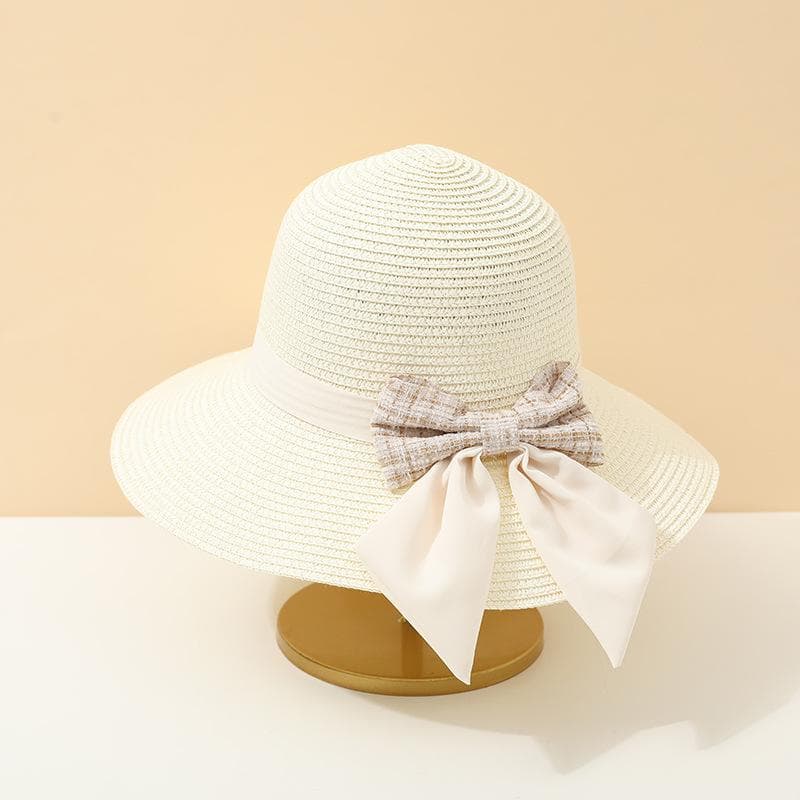Summer Women's Fisherman Hat with Butterfly Knot Straw Woven Design Korean Style Cool Sunscreen Beach Sand Cap Adult milk white