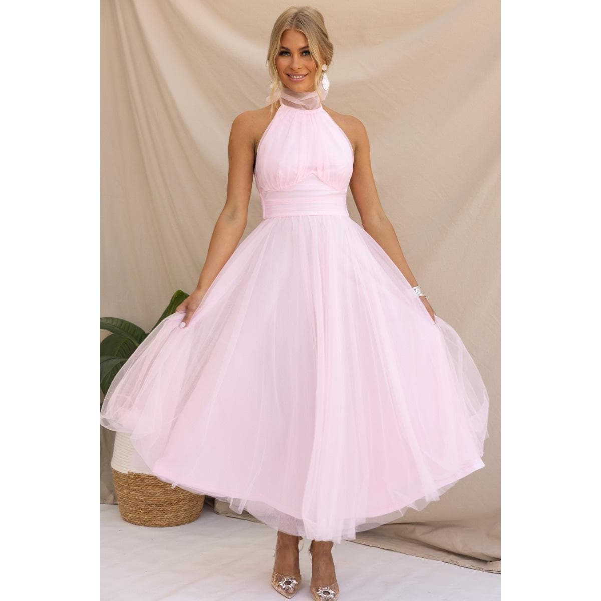 Women Evening Dress Sleeveless Layered Collar Open Back Halter Neck Lace Up High Off Shoulder Mesh Hem M pink