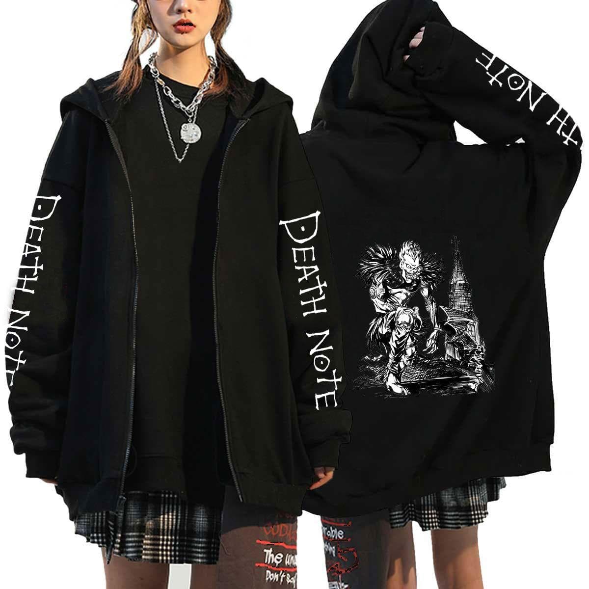 Death Note Harajuku Anime Zipper Coats Hoodies Mens Jackets Casual Loose Hooded Zip Up Manga L Lawliet Print Tops Sweatshirt Unisex Couple Streetwear S