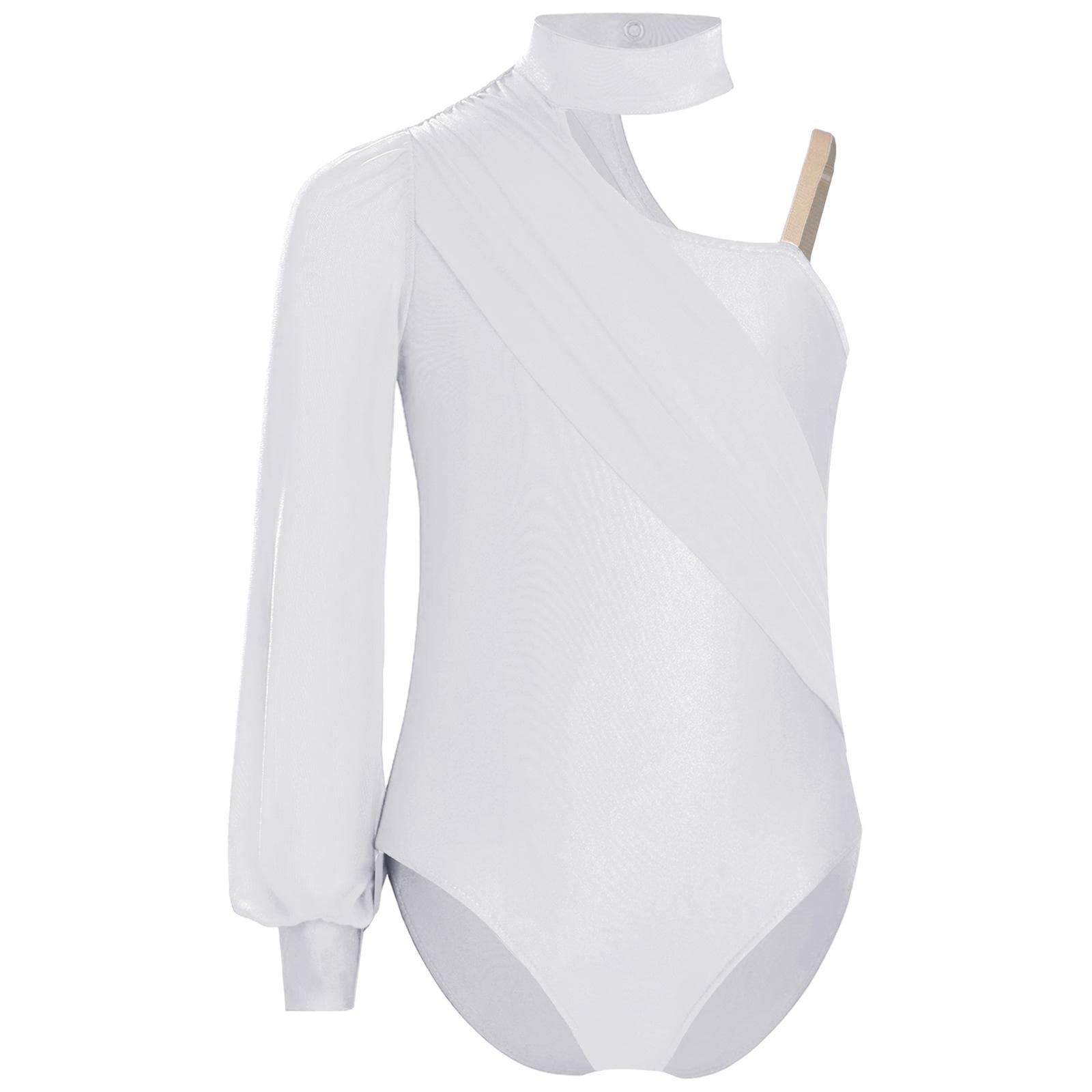 Girls One Shoulder Dance Leotard Mock Neck Long Sleeve Ruched Mesh Bodysuit for Stage Performances Competitions white