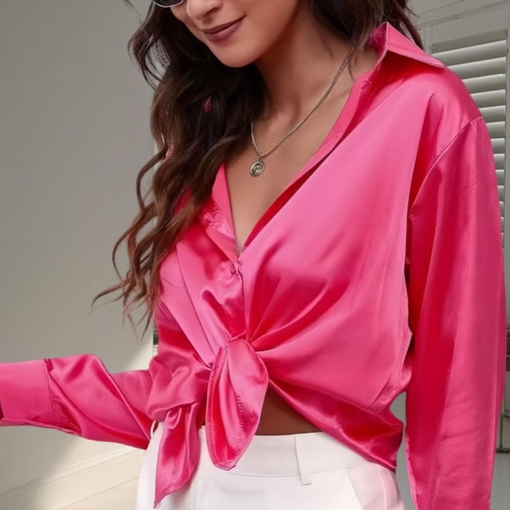 Women Spring Summer Blouses and Shirts Elegant Satin Faux Silk Long Sleeve Casual Shirt Tops Single Breasted Basic Tops XXL rose red