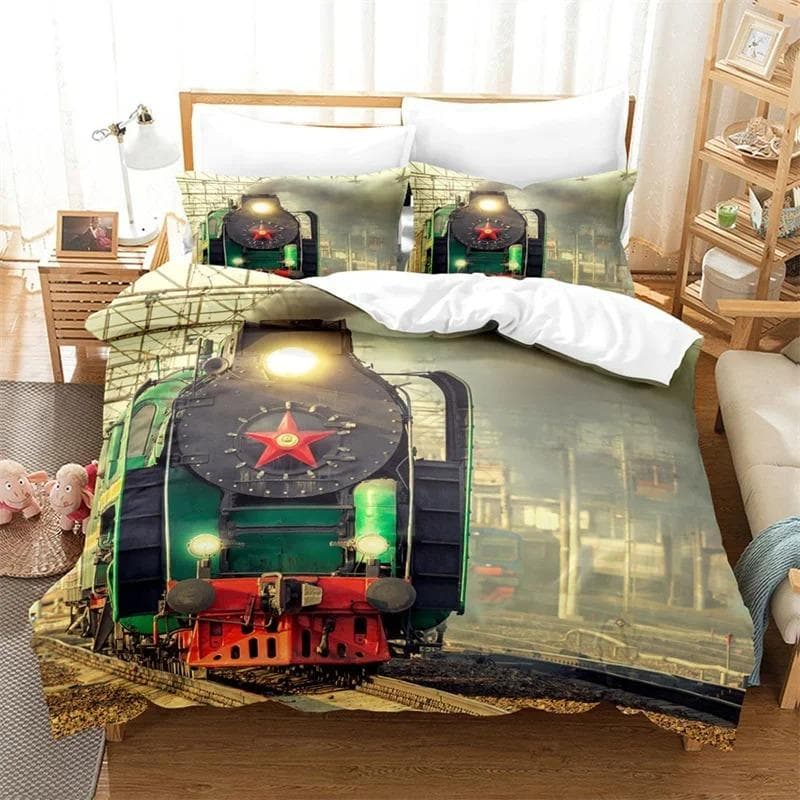 Train Duvet Cover Full Size Boys Steam Engine Bedding Set Microfiber 3D Rail Vehicles Comforter Cover For Kids Teens Room Decor AU Single 140x210cm
