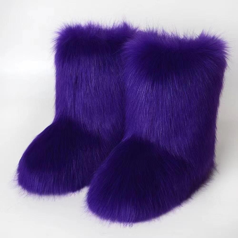 Winter Women Fluffy Faux Fox Fur Boots Woman Plush Warm Snow Boots Luxury Footwear Girls Furry Fur Bottes Fashion Winter Shoe 38 blue