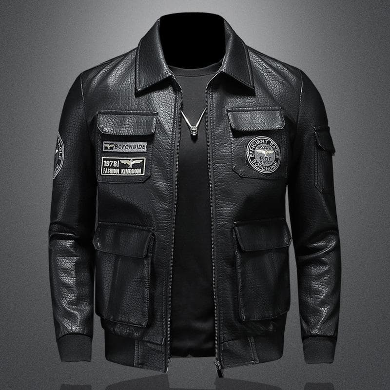 Military Style Leather Bomber Jacket for Men Plus Size Slim-fit Embroidered Lapel Leather Jacket for Men L