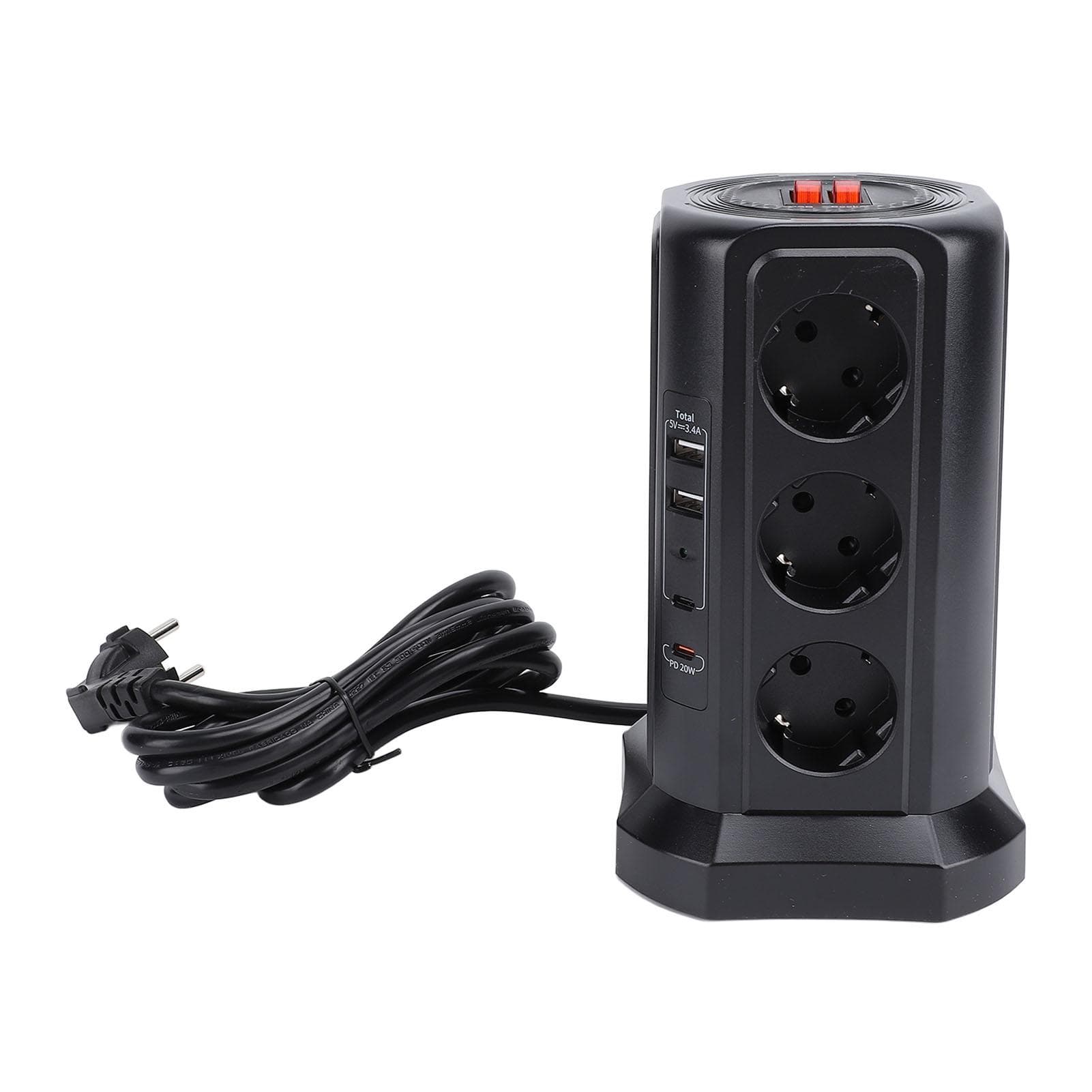Tower Power Strip with Protector Switch Multiple Ports Vertical Space Saving Electric Tower Power black