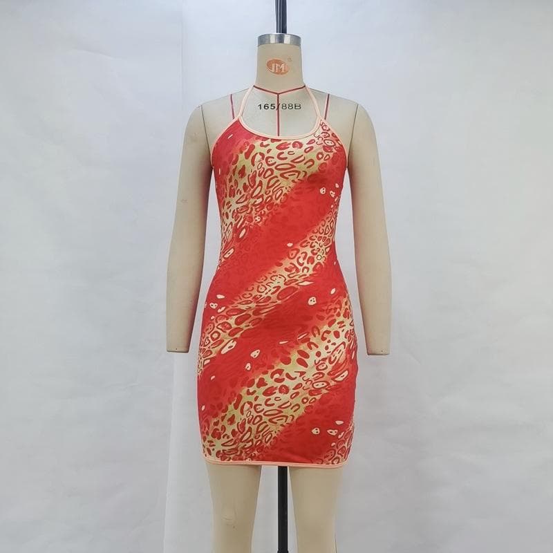 Style Women's Summer New Product Sexy Lace-up Halter Neck Leopard Print Hip-pack Dress L