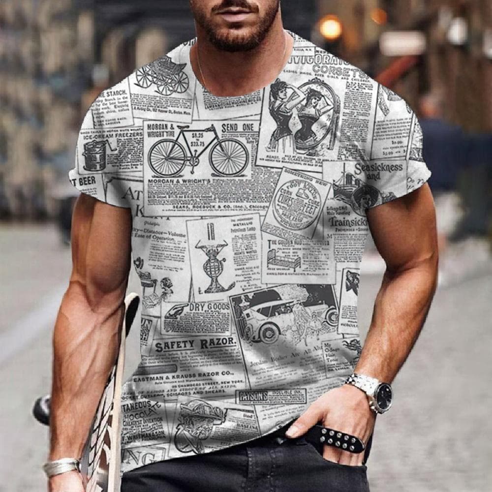 Funny Newspaper 3D Printed Men's T-shirts Street Fashion Hip-hop Short-sleeved Oversized Summer Lightweight Breathable Clothing 2XL